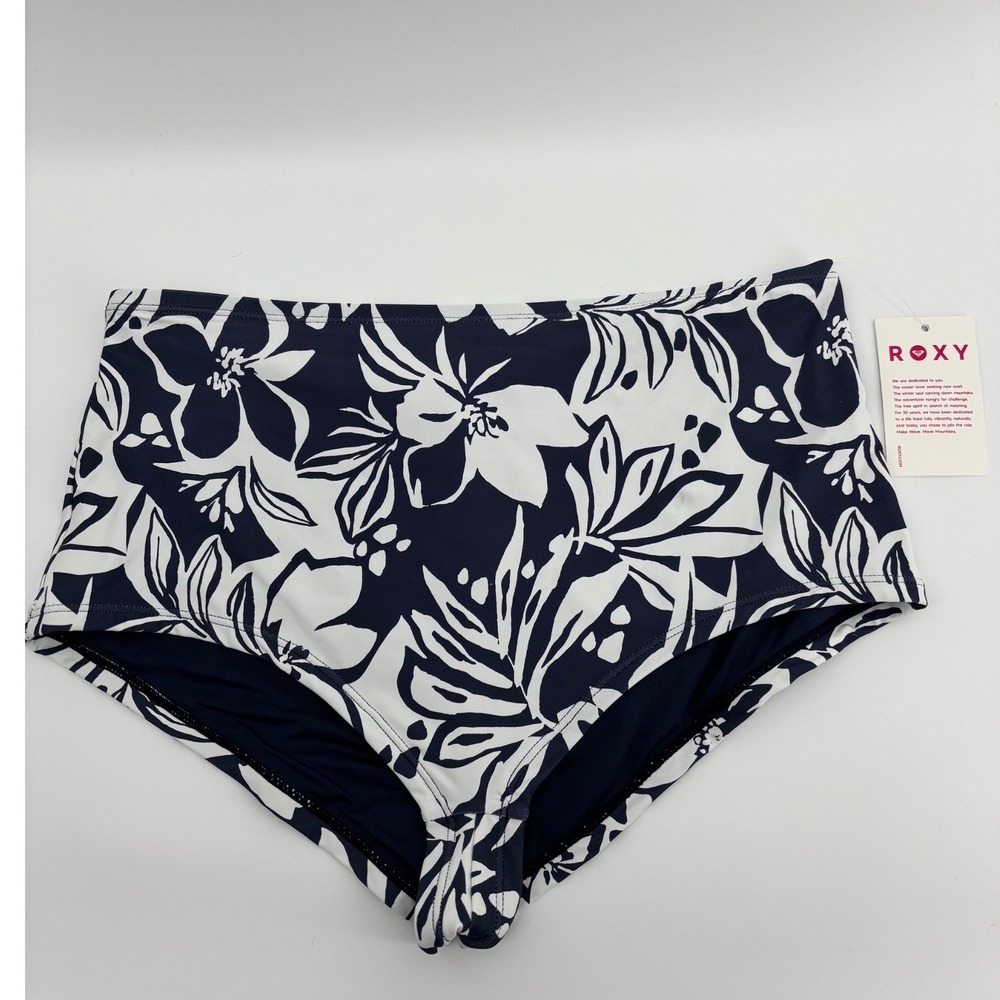 Roxy Womens XL Navy White Floral High Waisted Bikini Bottoms Swimwear NWT